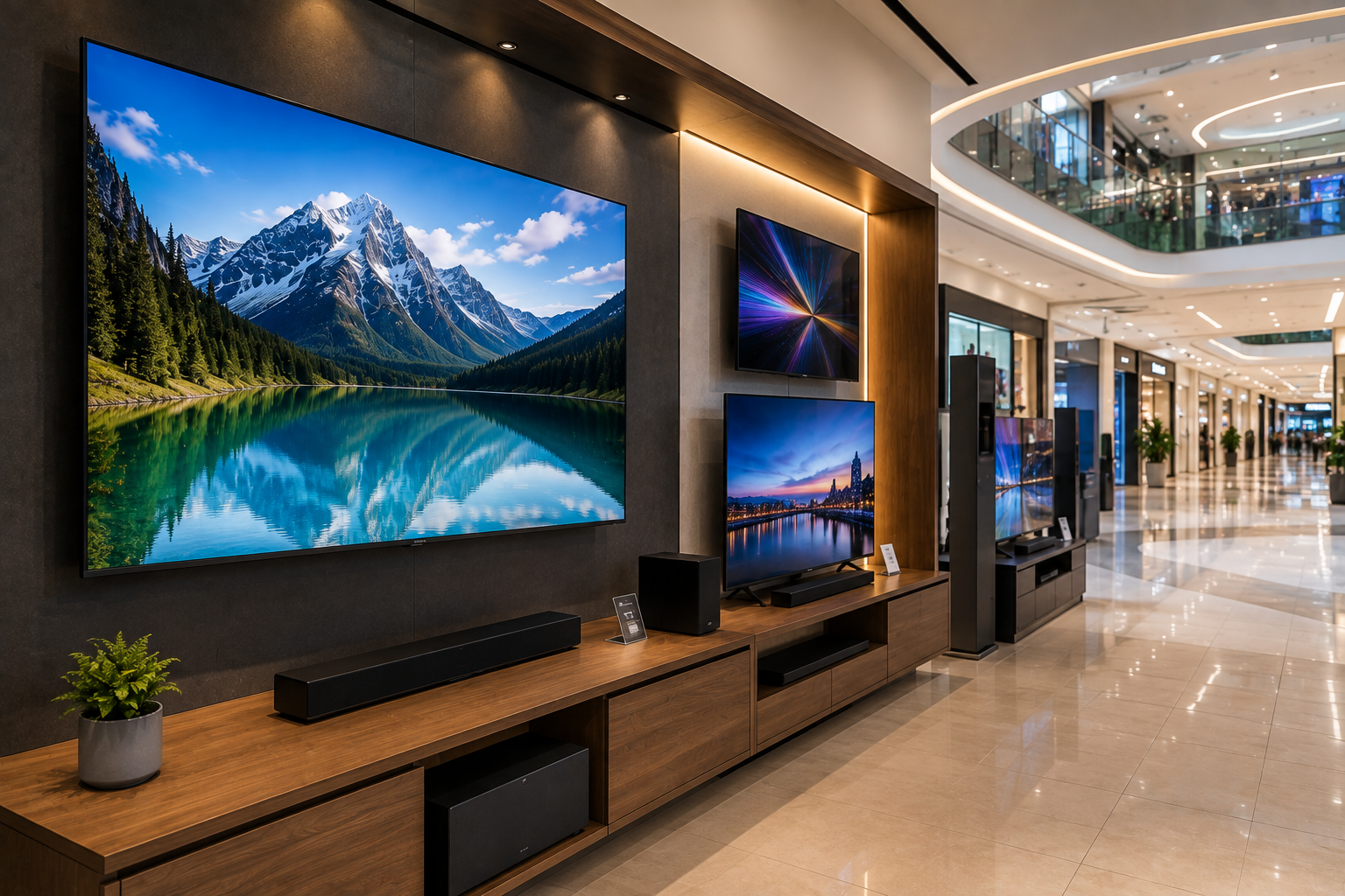 Electronics showroom with large-screen TVs displayed in a shopping mall