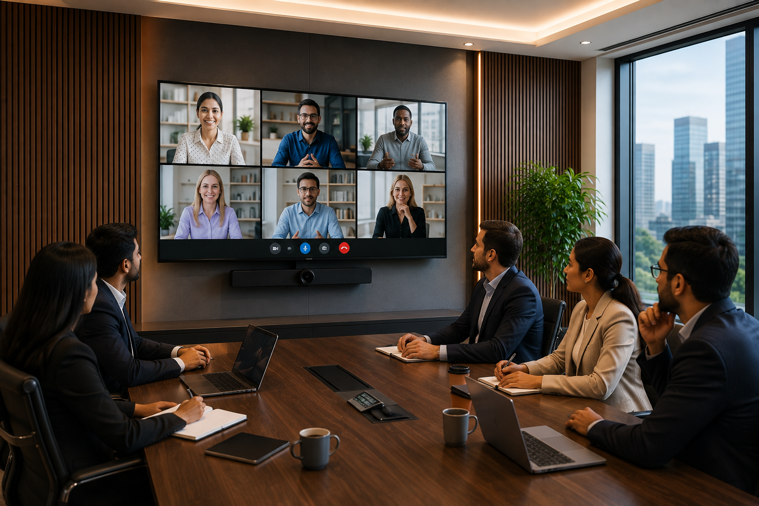 Business team conducting a video conference in a modern meeting room with a large display