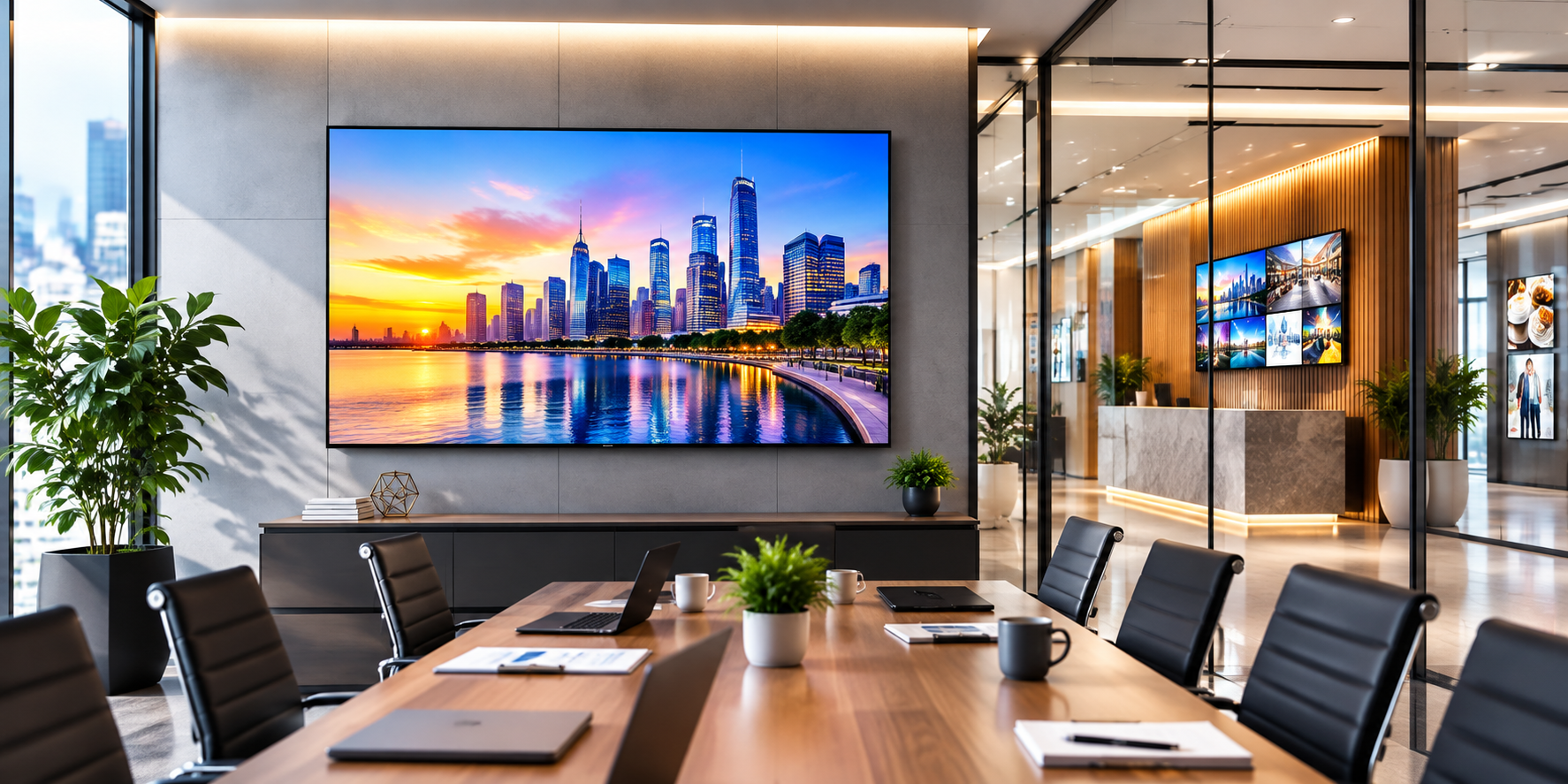 Samsung QBC Series 4K UHD display in a modern corporate conference room