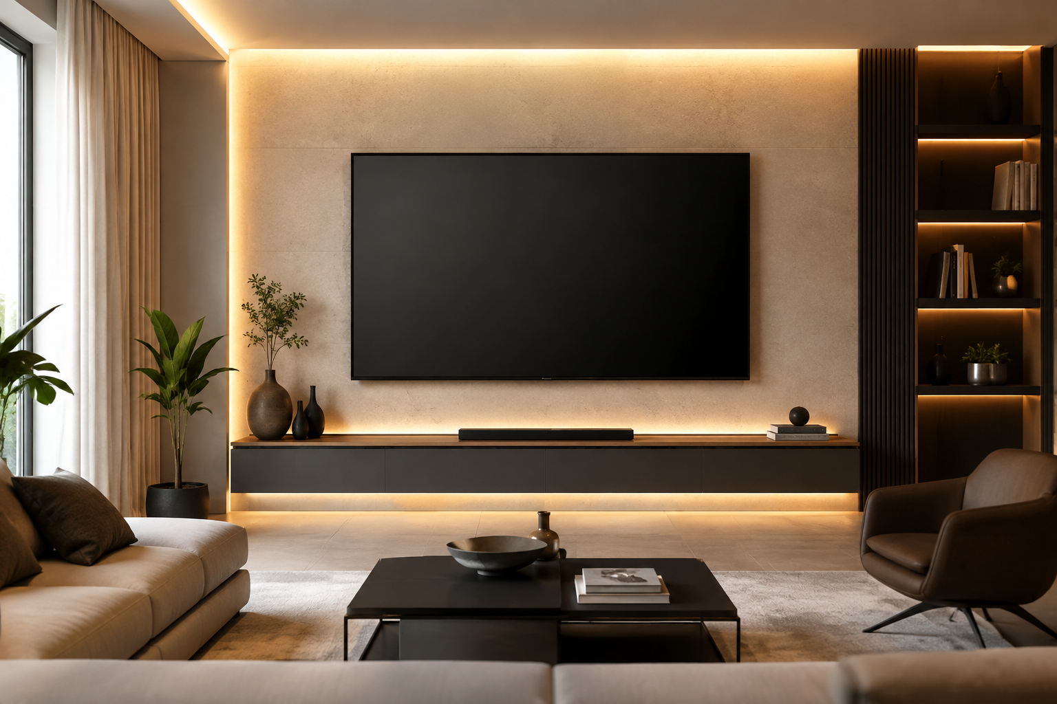 Modern living room with a wall-mounted 4K TV and premium minimalist interior design